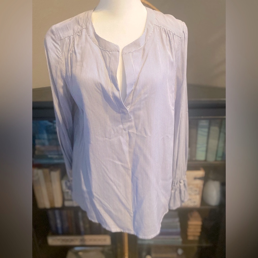 Striped V Neck Blouse with gathered cuffs by Renuar